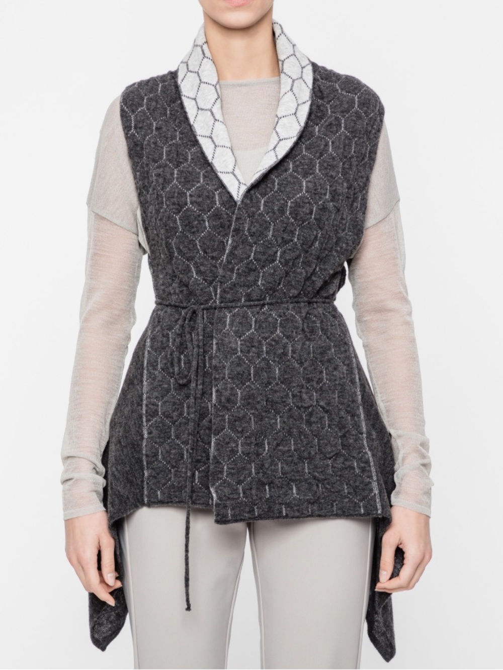 Sarah Pacini Wool Blend Honeycomb Grey tie cardigan
